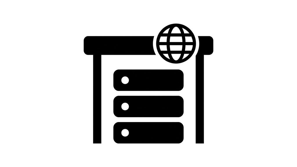A server rack drawn inside a flat-roofed building, a globe resting on the roof